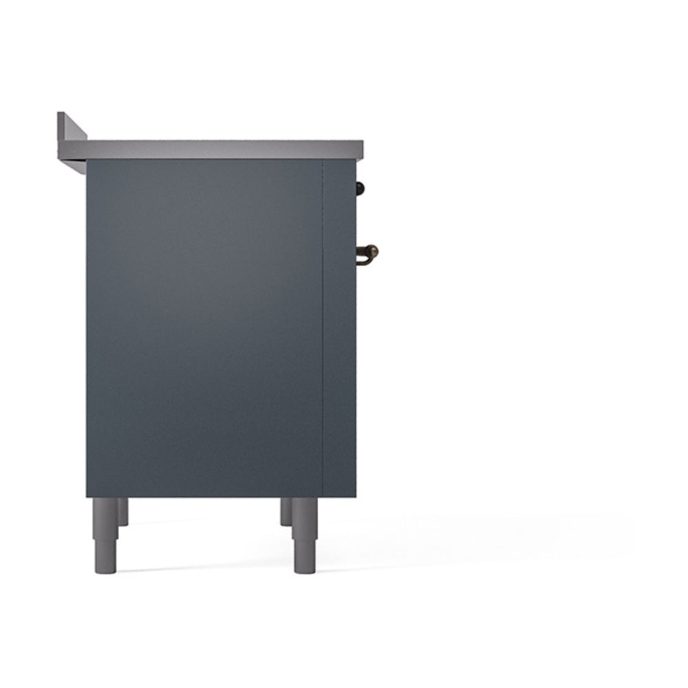 Blue grey oven side panel with bronze-trim control knobs and top trim