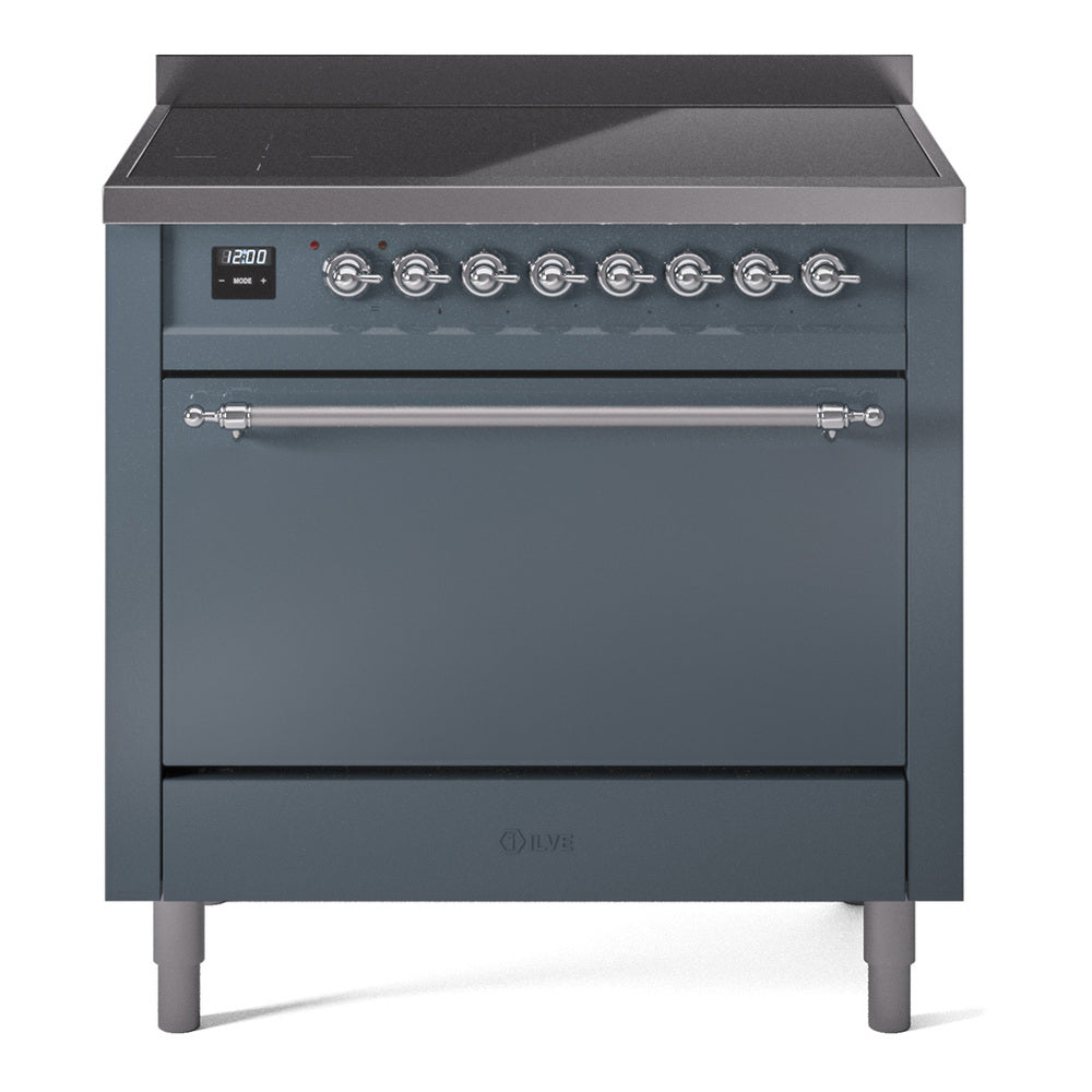 Blue grey induction range front with oven door handle and knob controls