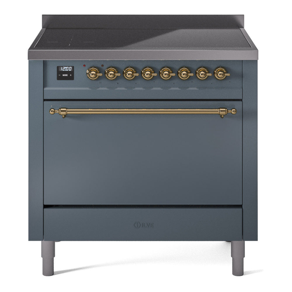 Blue-grey induction range with brass knob handles, oven window, and control display