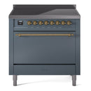 ILVE 36-Inch Nostalgie II Induction Range with Solid Door Oven in Blue Grey with Brass Trim (UPI366QNMPBGG)