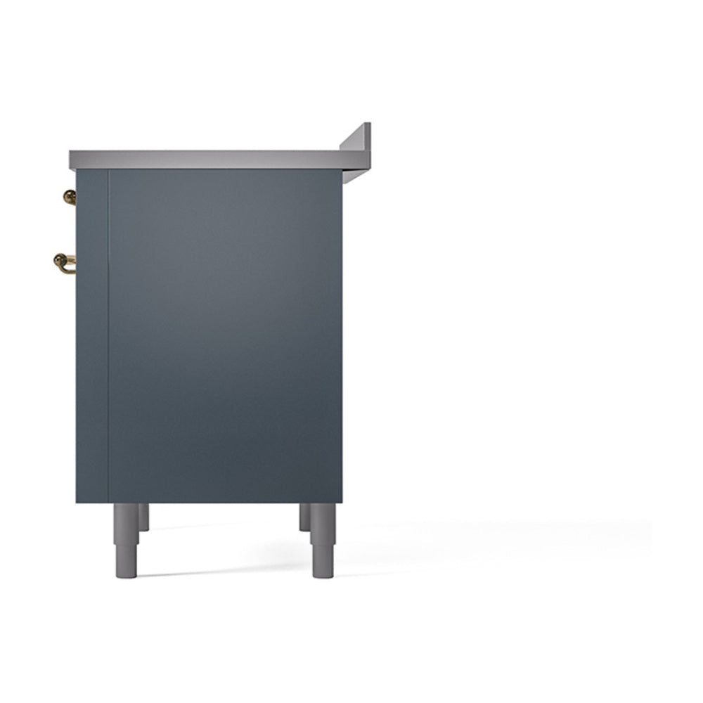 Blue-grey solid oven door on a freestanding range with brass hardware