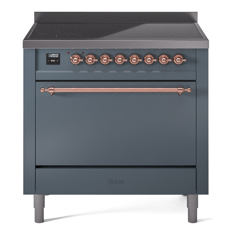 Blue grey induction range with copper knob trim, solid door oven, and black display panel.