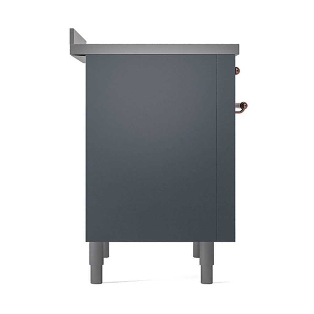 Blue grey solid door oven side panel with copper handle accents and legs.