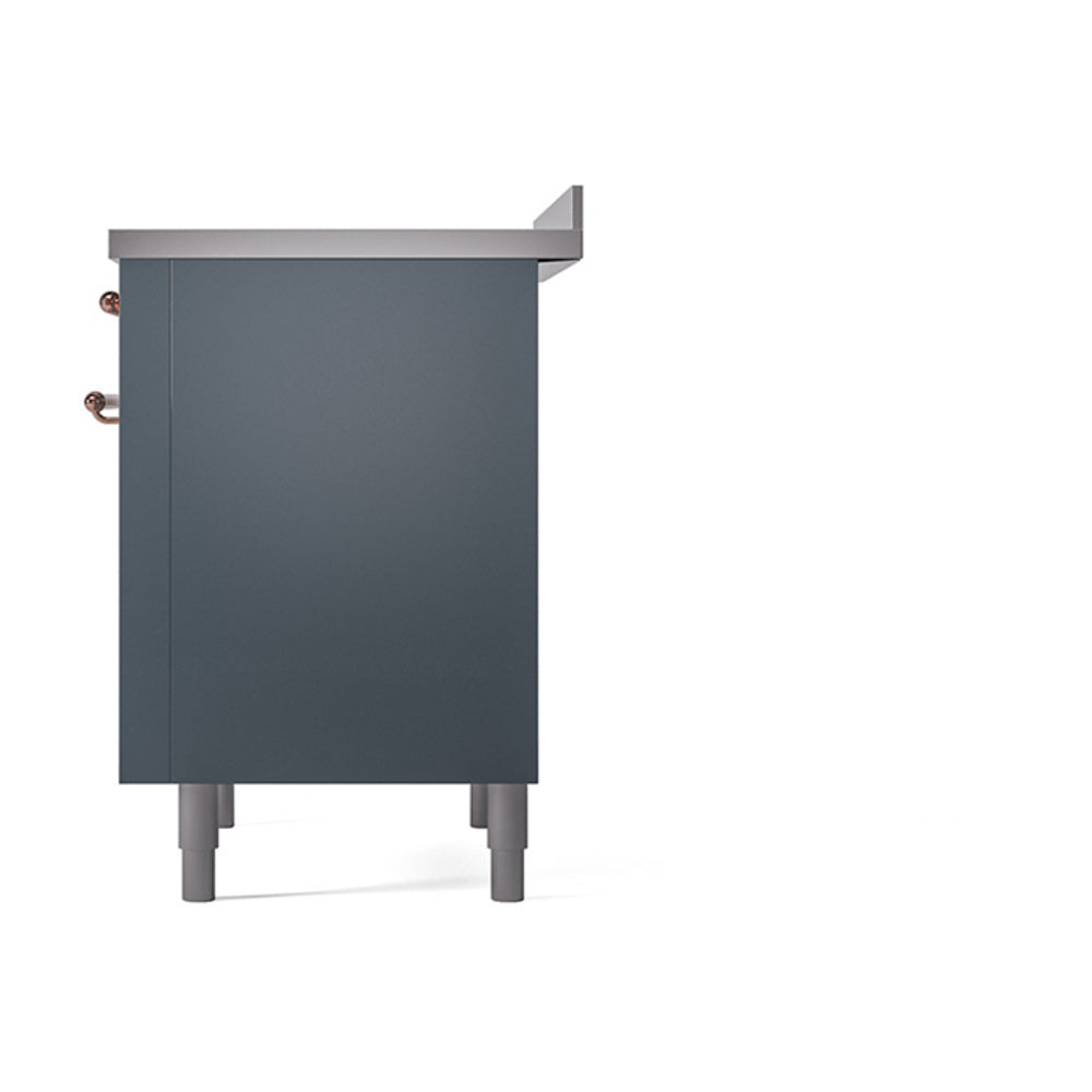 Blue grey induction range solid door oven from side, copper handle details, legs.