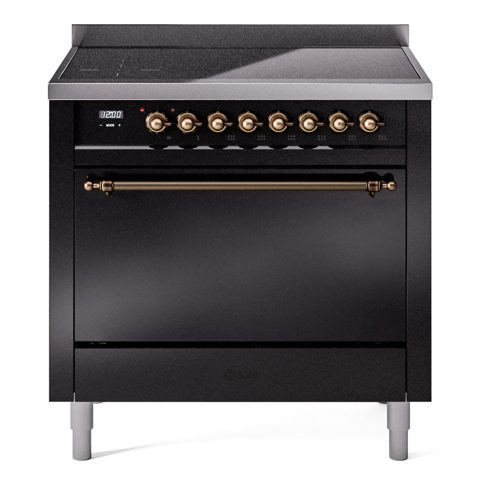 Glossy black induction range with bronze control knobs and closed oven door