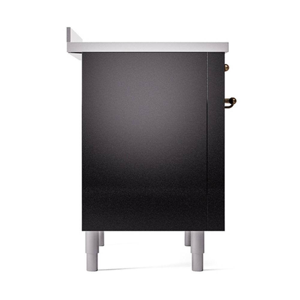 Glossy black oven door panel with bronze hinge hardware and silver top trim
