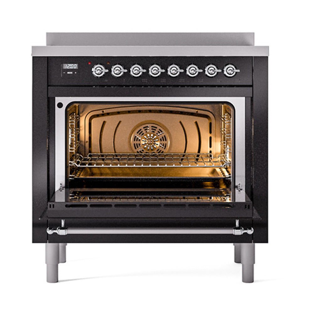 Black solid door oven with open cavity, racks, and center fan