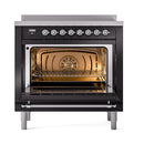 ILVE 36-Inch Nostalgie II Induction Range with Solid Door Oven in Glossy Black with Chrome Trim (UPI366QNMPBKC)