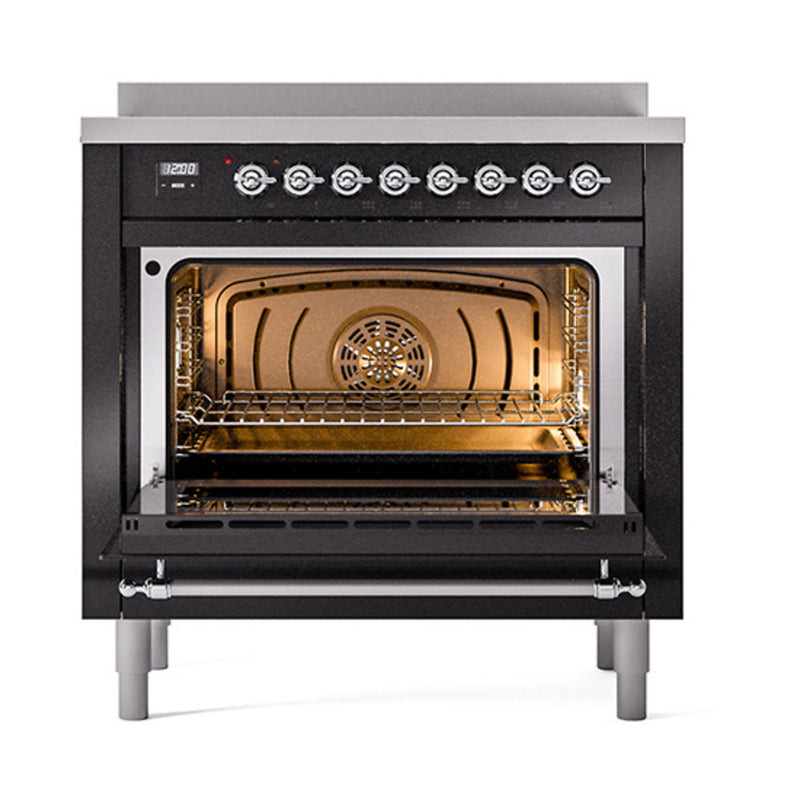 ILVE 36-Inch Nostalgie II Induction Range with Solid Door Oven in Glossy Black with Chrome Trim (UPI366QNMPBKC)