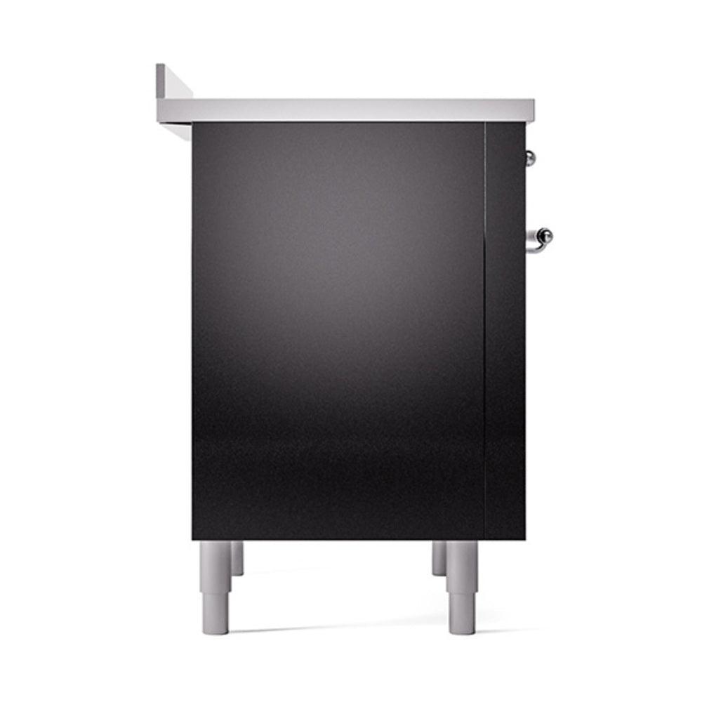 Glossy black oven door panel with side knobs and chrome-trimmed top edge