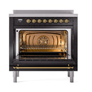 ILVE 36-Inch Nostalgie II Induction Range with Solid Door Oven in Glossy Black with Brass Trim (UPI366QNMPBKG)