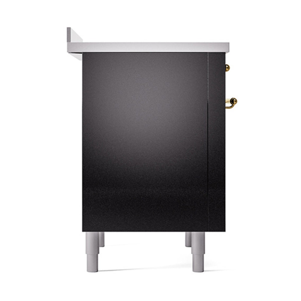 Glossy black oven cabinet with solid door and copper handle trim