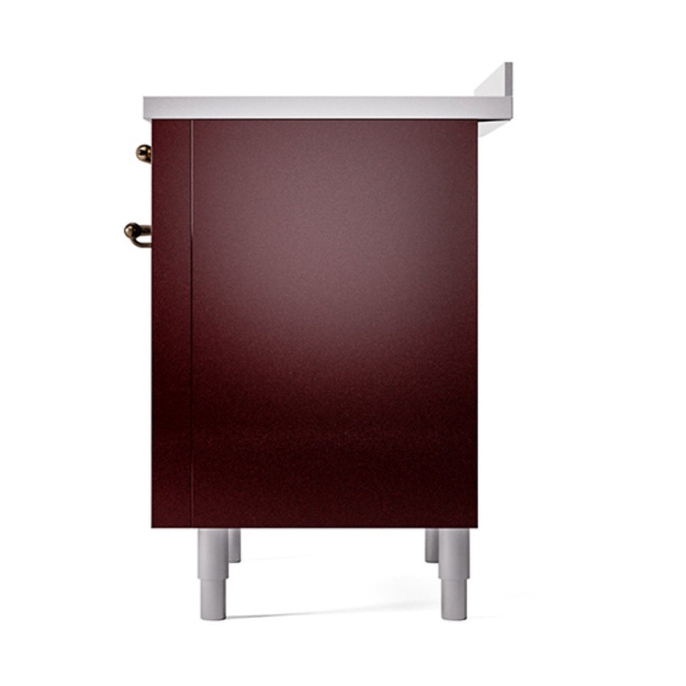Burgundy solid oven door with bronze side handles and white legs