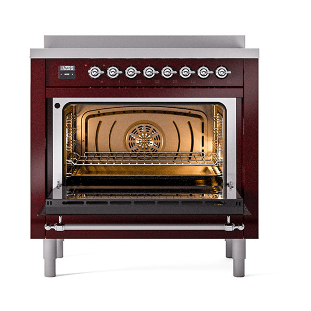 Burgundy induction range, open solid-door oven with chrome-trim interior