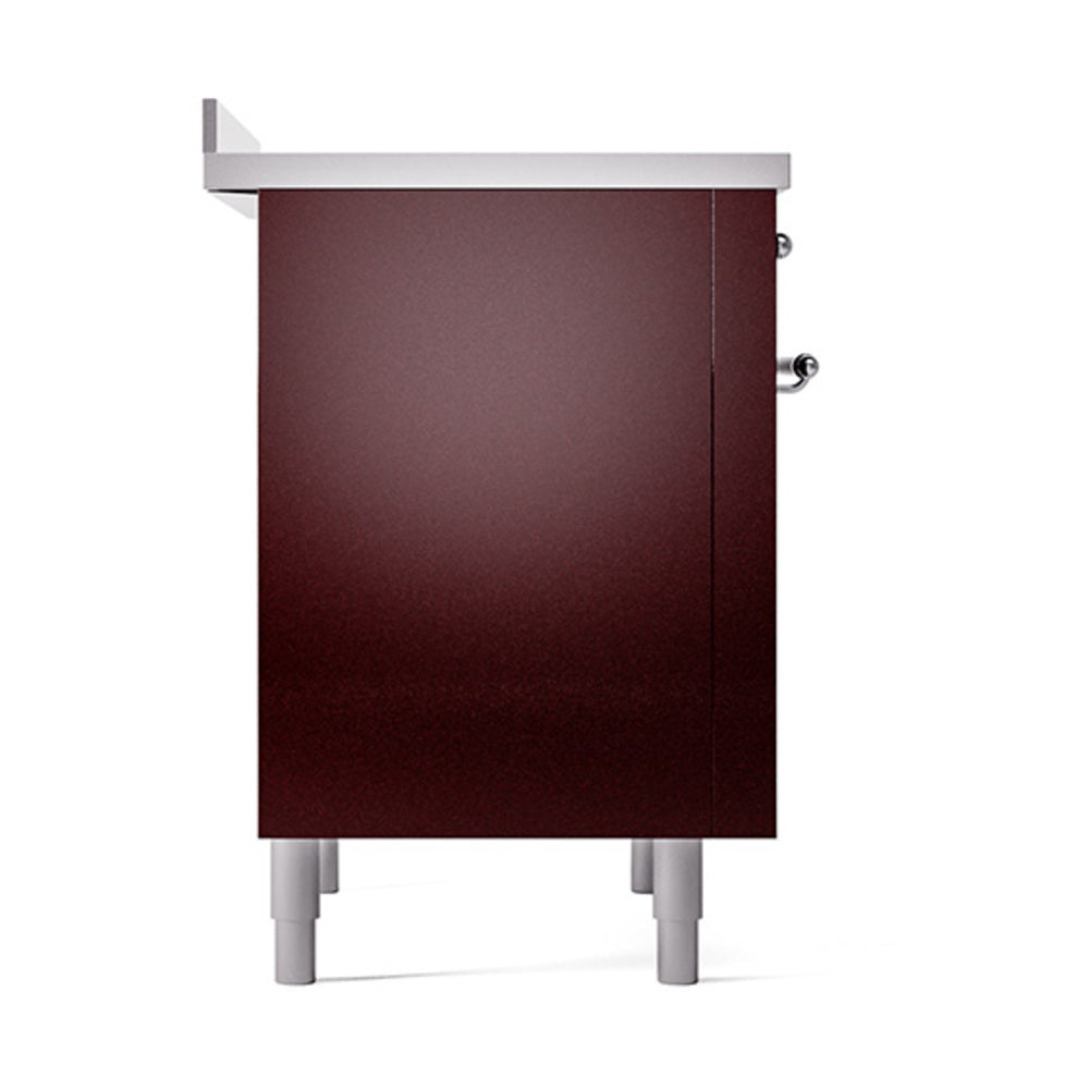 Burgundy solid oven door with chrome side handles on a freestanding range