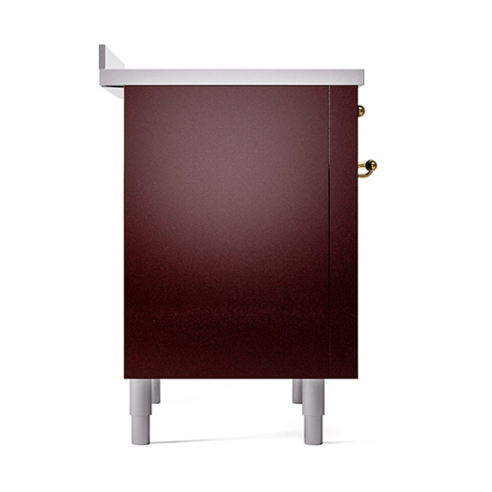 Burgundy solid door oven with brass hardware, exterior side view