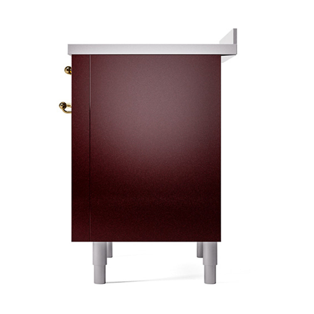 Burgundy solid door oven cabinet with brass knob details, side/front view