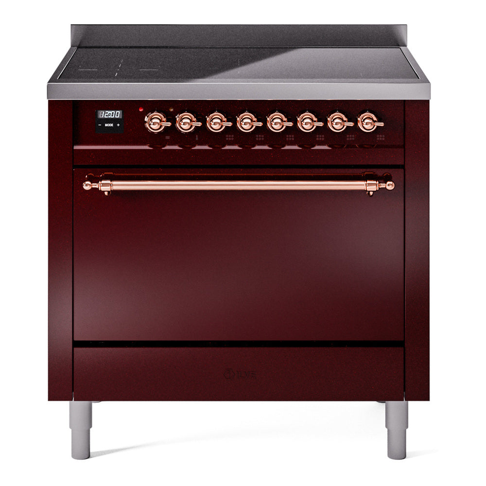 Burgundy induction range with stainless cooktop and copper-ring control knobs