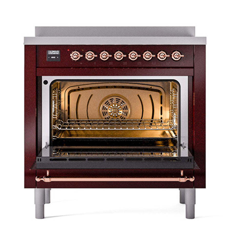 Burgundy induction range with solid-door oven and copper-trim control panel