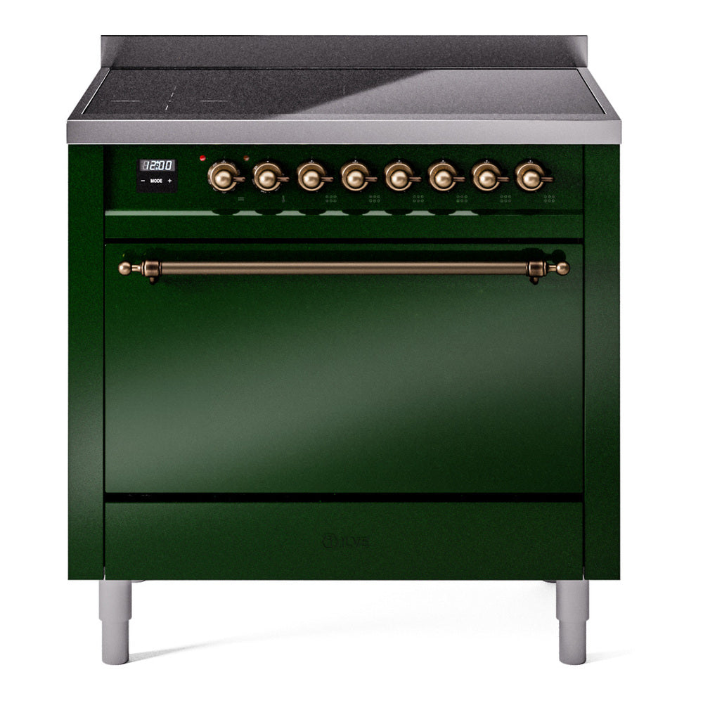 Emerald green induction range with front knobs and solid door oven