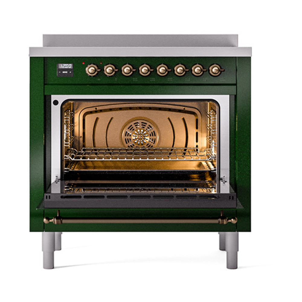 Emerald green induction range with open bronze-trimmed solid door oven