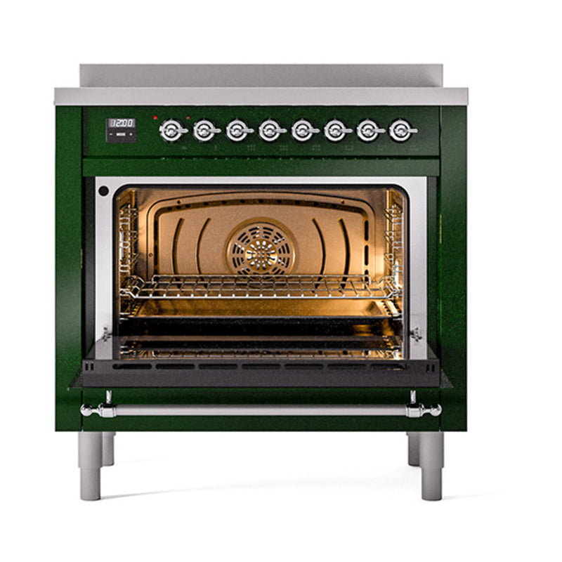 ILVE 36-Inch Nostalgie II Induction Range with Solid Door Oven in Emerald Green with Chrome Trim (UPI366QNMPEGC)