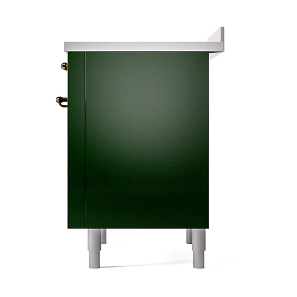 Emerald green oven door front panel with side knobs and white pedestal legs