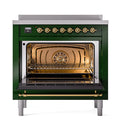 ILVE 36-Inch Nostalgie II Induction Range with Solid Door Oven in Emerald Green with Brass Trim (UPI366QNMPEGG)