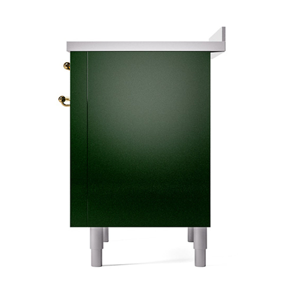 Emerald green range side panel with brass handles and white base legs