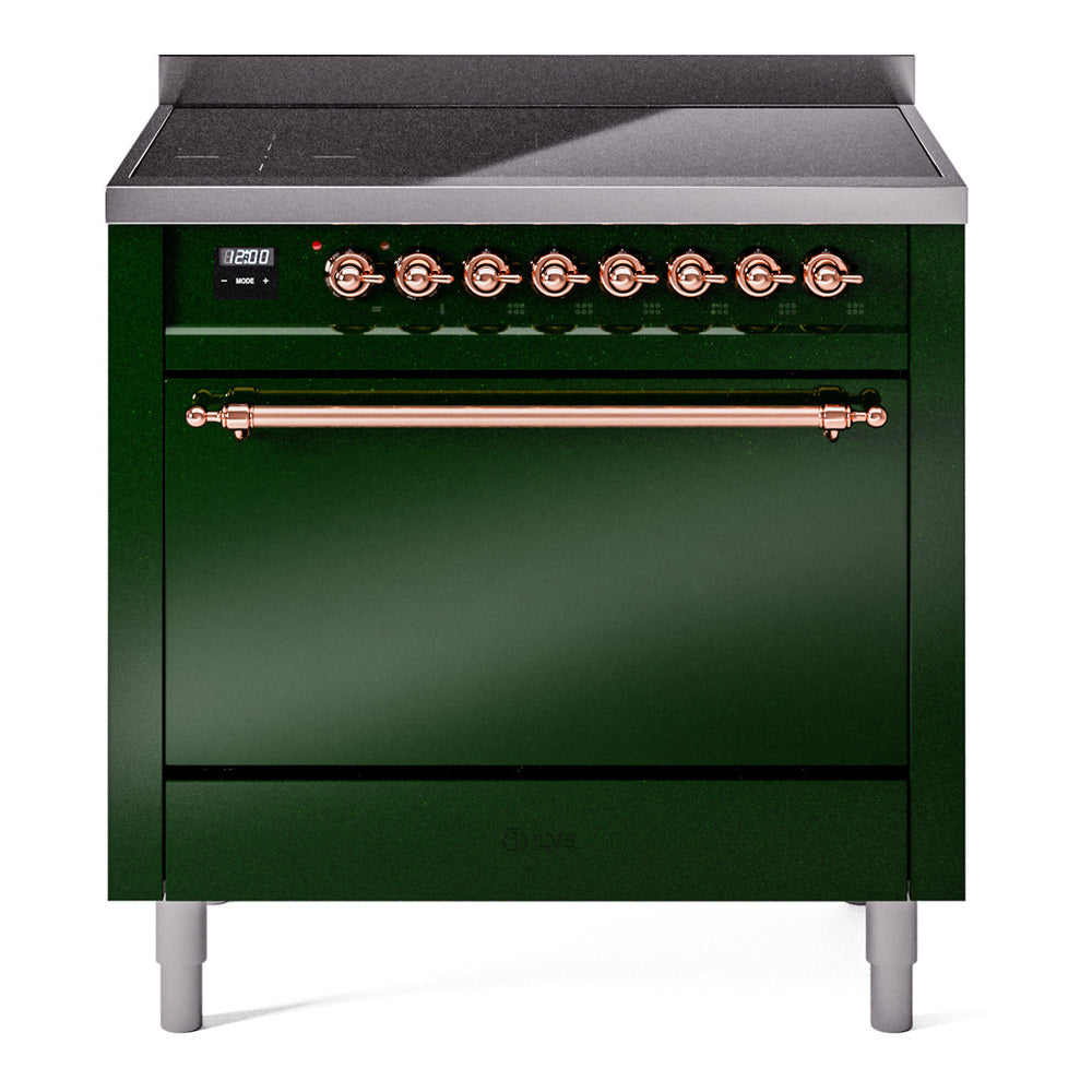 Emerald green induction range with backlit control panel and copper trim oven