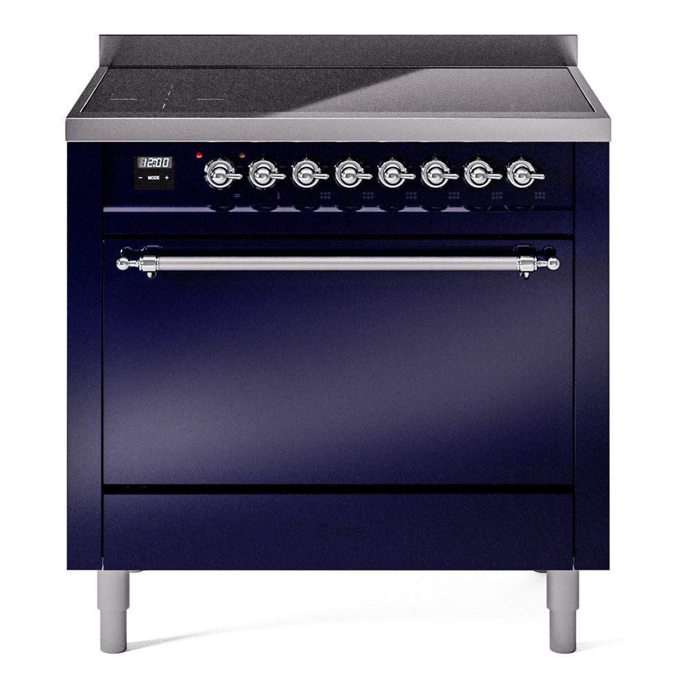Midnight blue induction range with knob controls and chrome oven handle, door closed