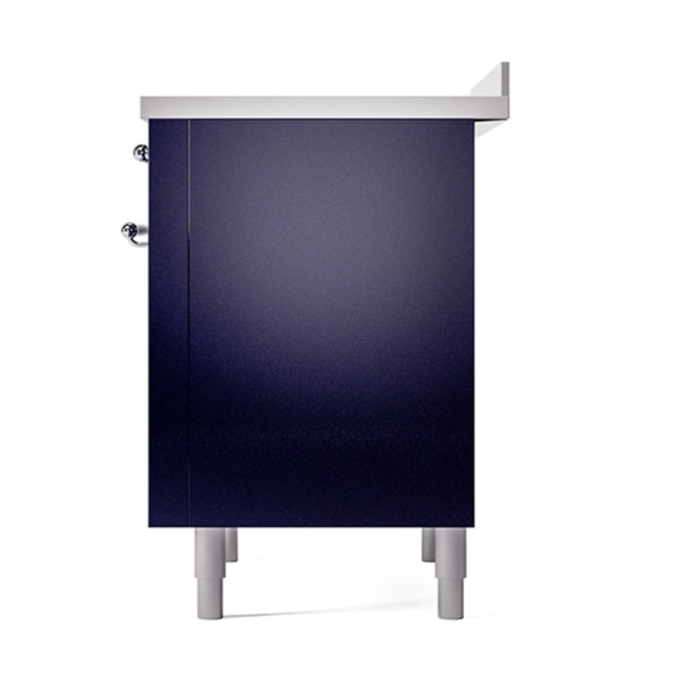 Midnight blue solid oven door with chrome side handles and pedestal feet