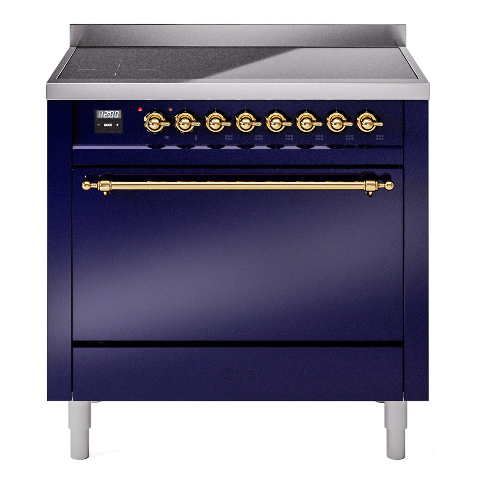 Midnight blue induction range with control panel, brass knobs, and closed oven door