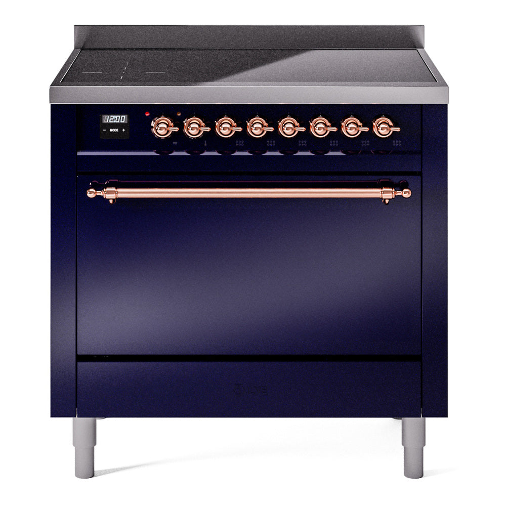 Induction range with oven door closed, midnight blue finish and copper control knobs