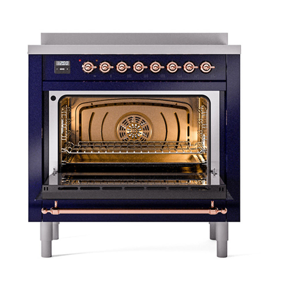 ILVE induction range with open oven door, dark blue interior and wire rack