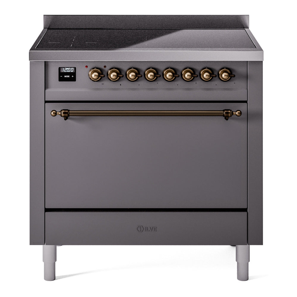 Matte graphite induction range with bronze-trim knobs and solid door oven