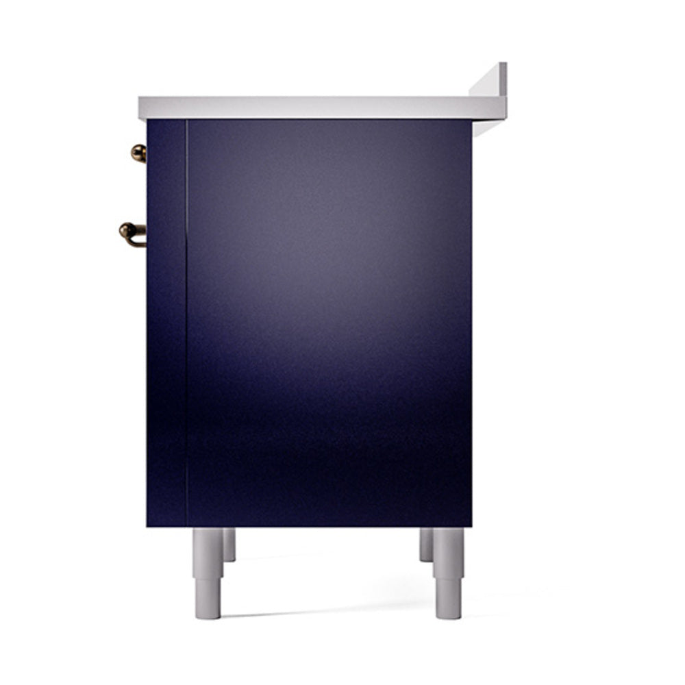 Matte graphite solid oven door with side bronze handle and white feet