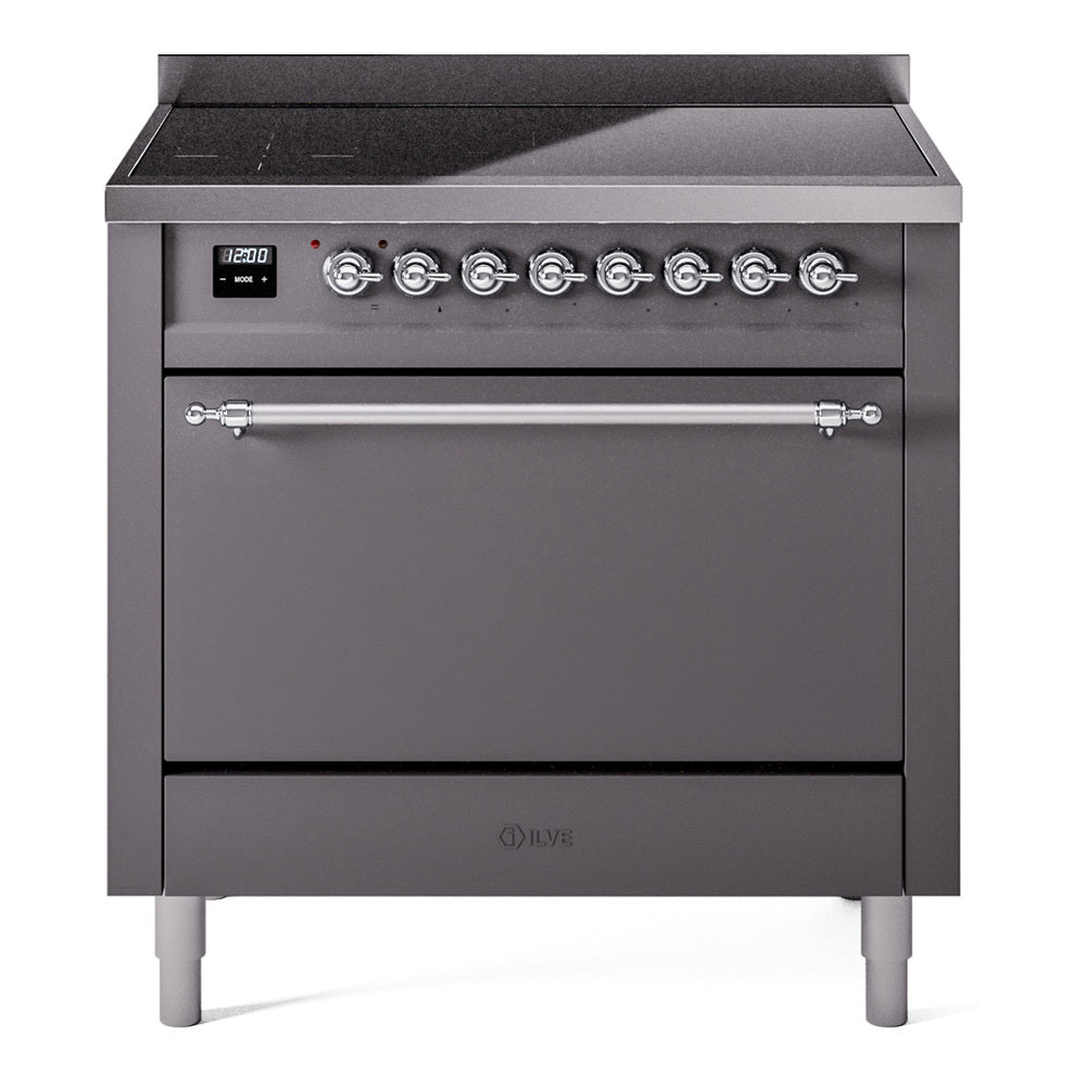ILVE induction range with matte graphite oven door and front control knobs