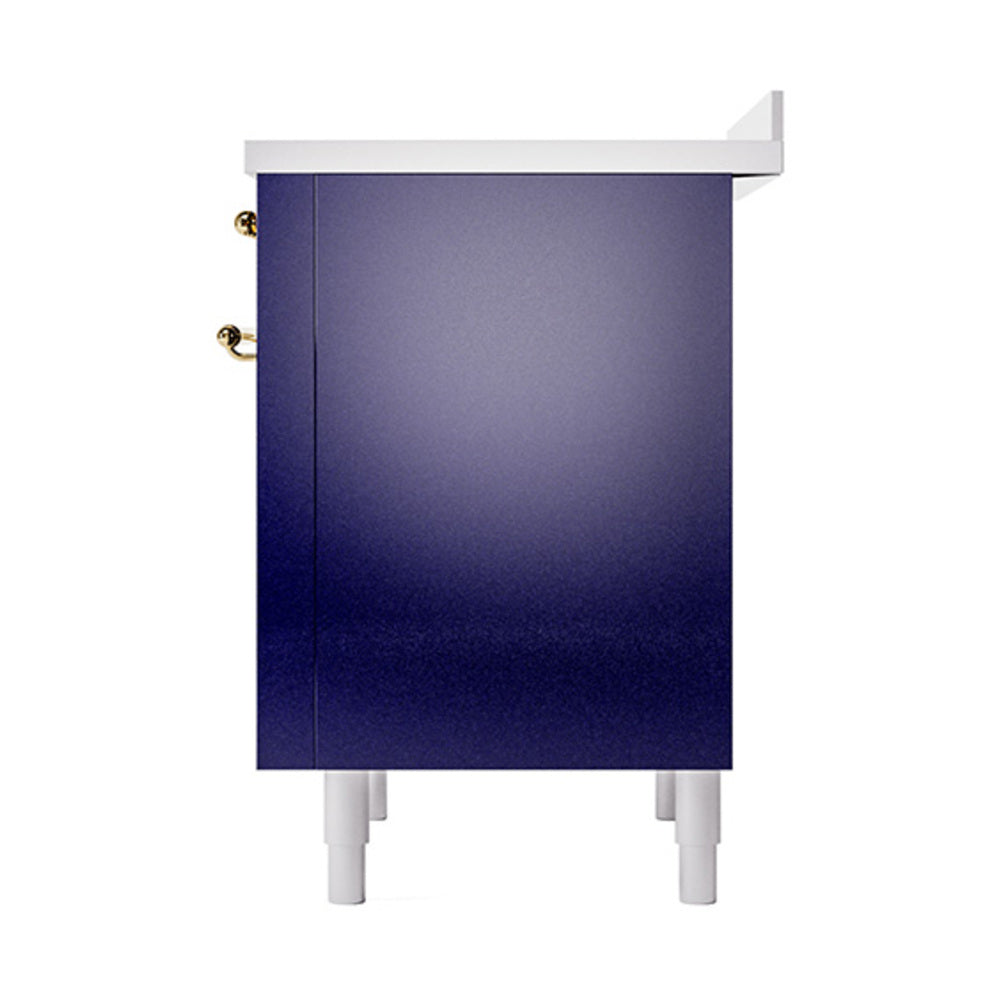 Matte graphite induction range front with solid oven door and brass corner hinge knobs
