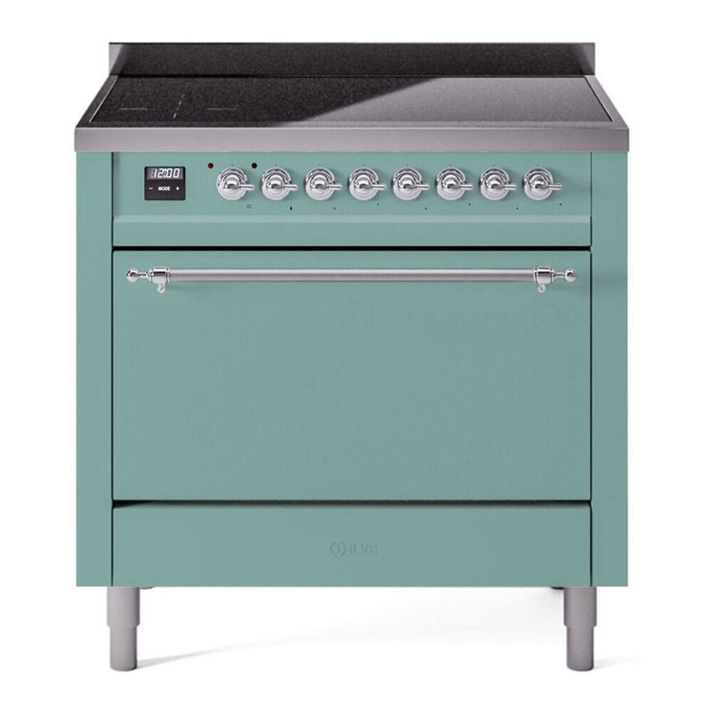 ILVE 36-Inch Nostalgie II Induction Range with Solid Door Oven in Mediterranean Mint with Chrome Trim (UPI366QNMPMMC)