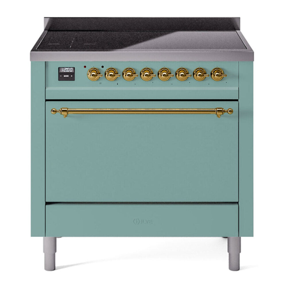 ILVE 36-Inch Nostalgie II Induction Range with Solid Door Oven in Mediterranean Mint with Brass Trim (UPI366QNMPMMG)
