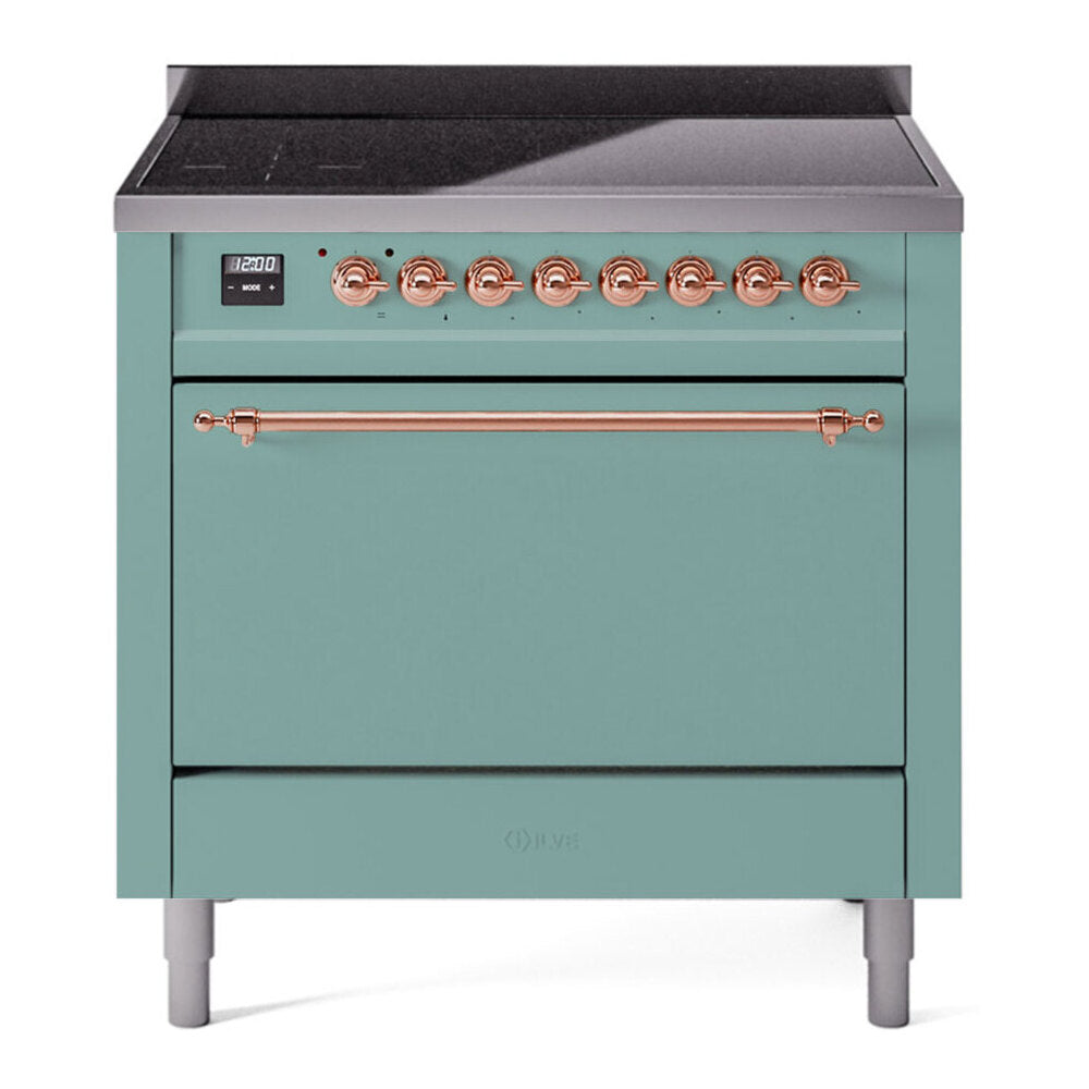 ILVE 36-Inch Nostalgie II Induction Range with Solid Door Oven in Mediterranean Mint with Copper Trim (UPI366QNMPMMP)