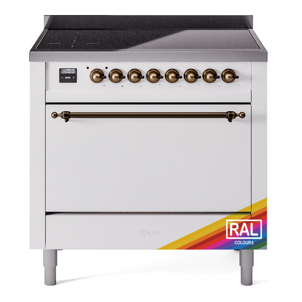 ILVE induction range front view with bronze knobs and control panel, solid oven door closed