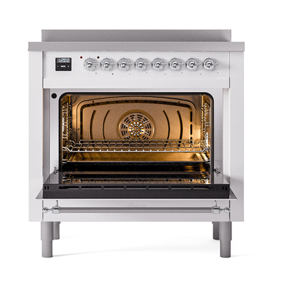 White induction range with open solid-door oven and chrome-trim control knobs