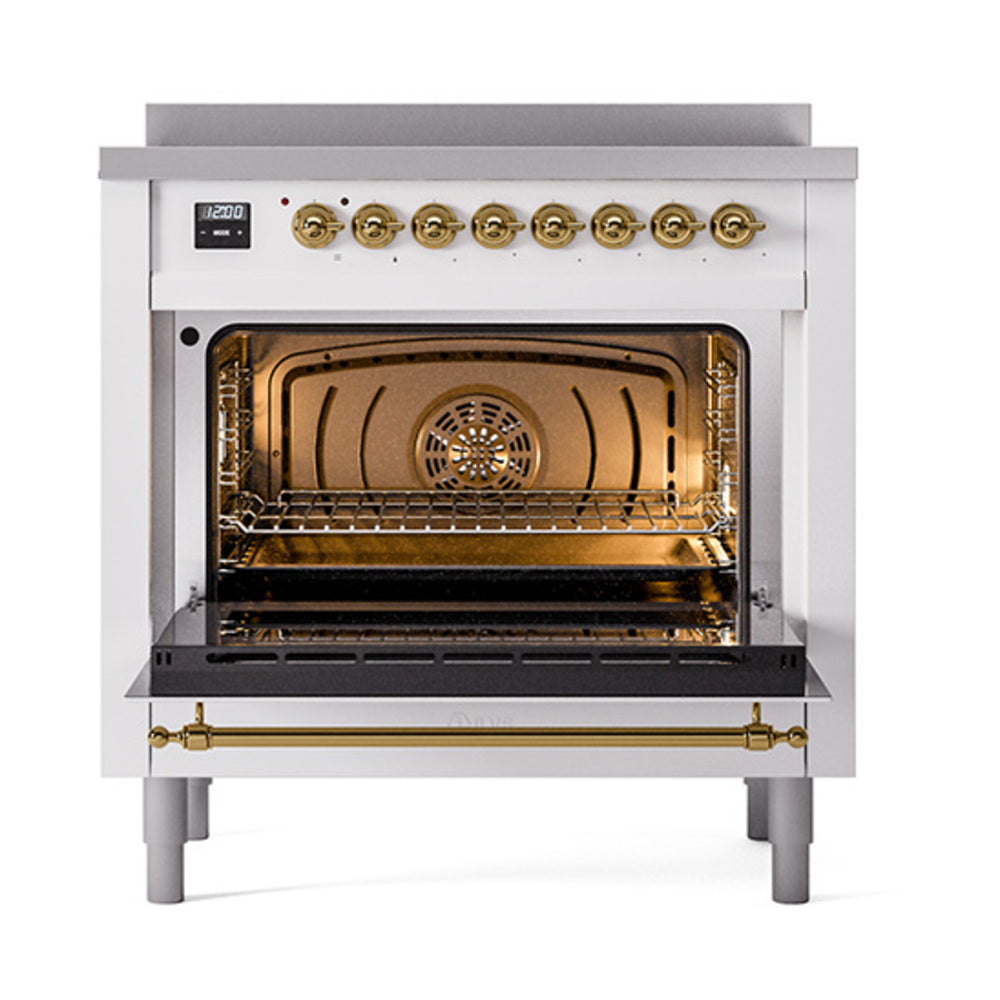 ILVE Nostalgie induction range with open solid door oven, brass trim and round control knobs