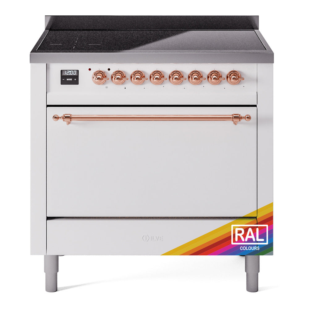 White induction range with copper control knobs and swing-out oven door