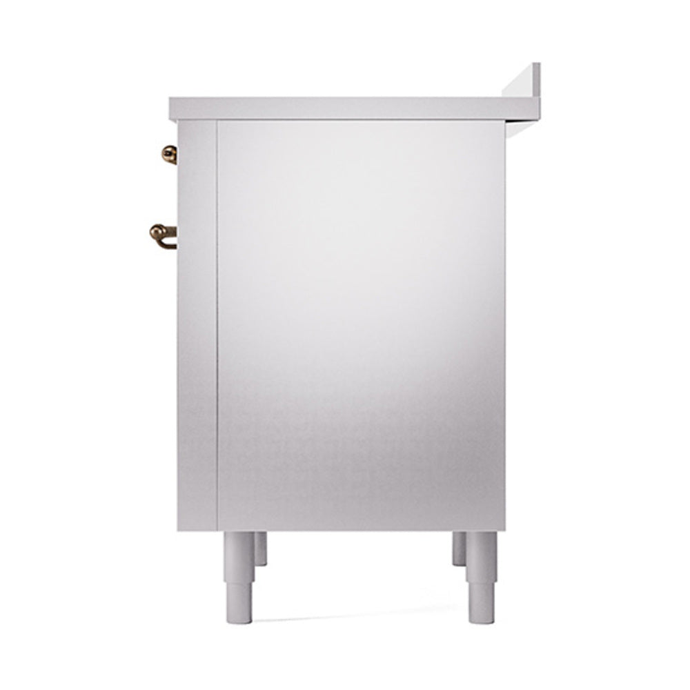 Stainless oven door front with bronze hinge details and four leveling feet