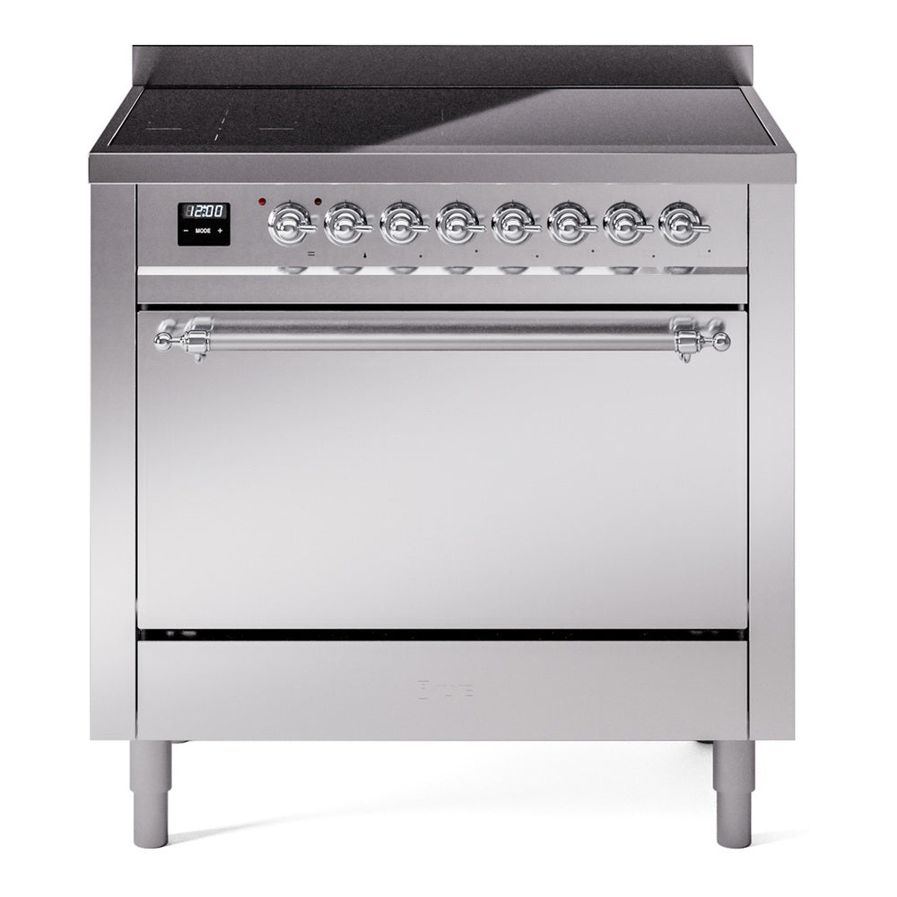 Stainless induction range with solid door oven and top control knobs