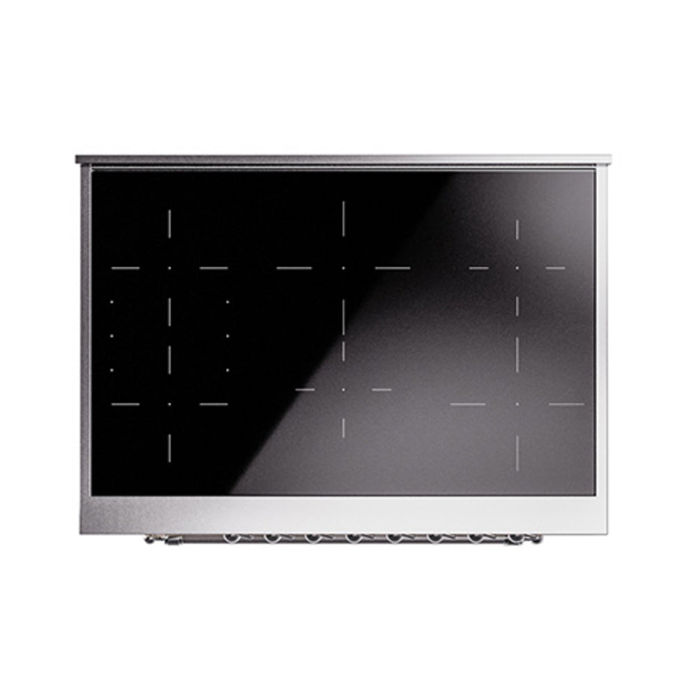Induction range cooktop glass panel with burner zone lines and markings