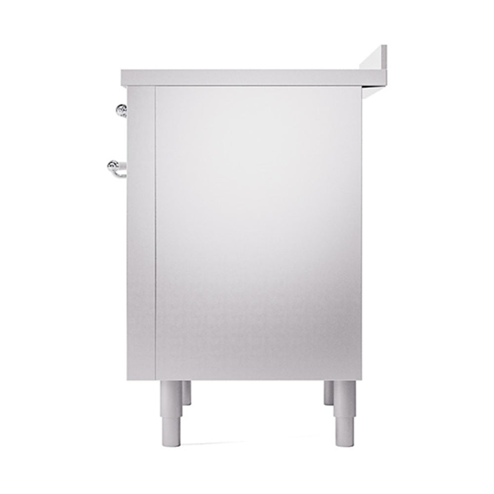 Stainless induction range rear-side view with chrome accents and leveling feet